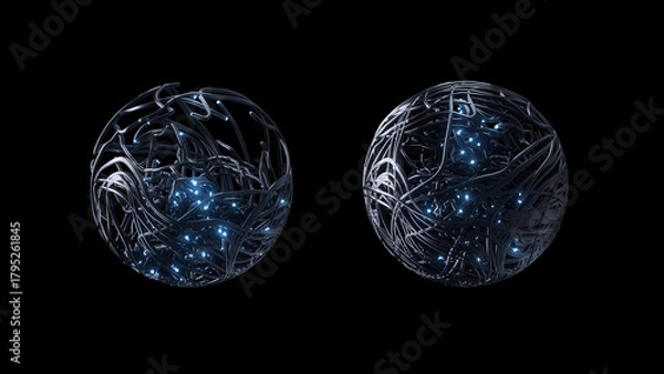 Obraz Two illuminated globes on dark background symbolize network redundancy and unity