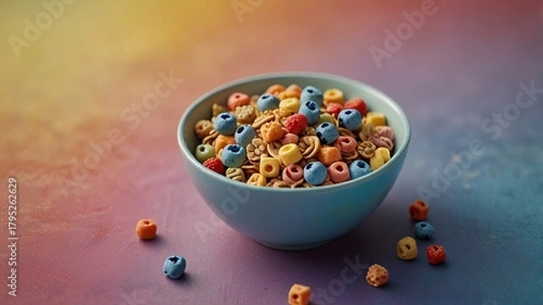 Obraz Colorful Cereal Breakfast Bowl on Pastel Background V8