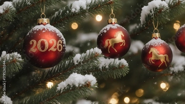 Fototapeta Red christmas baubles with golden horse symbol and year 2026 on evergreen branches in winter snowfall