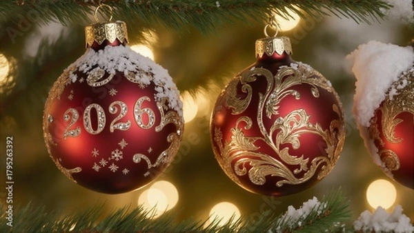 Fototapeta Festive red christmas ornaments with year 2026 on evergreen branch with bokeh lights