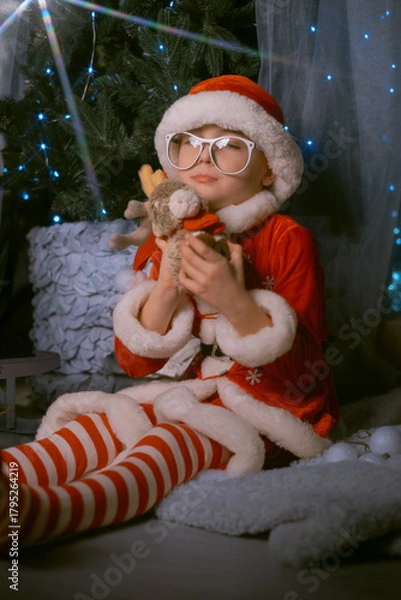 Obraz Cute boy dressed as Santa Claus hugging a soft reindeer plush toy, enjoying the holiday spirit by a Christmas tree with gifts.