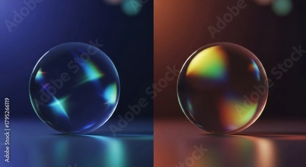Fototapeta Captivating glass spheres shimmer with vibrant iridescent light reflections, creating a mesmerizing abstract visual perfect for modern design and conceptual projects.