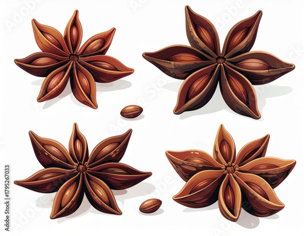 Fototapeta A cartoon of several dried star anise pods on a white background. Ai