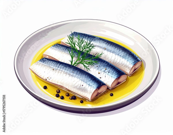 Obraz Cartoon of a plate of pickled herring fillets with olive oil and peppercorns. Ai