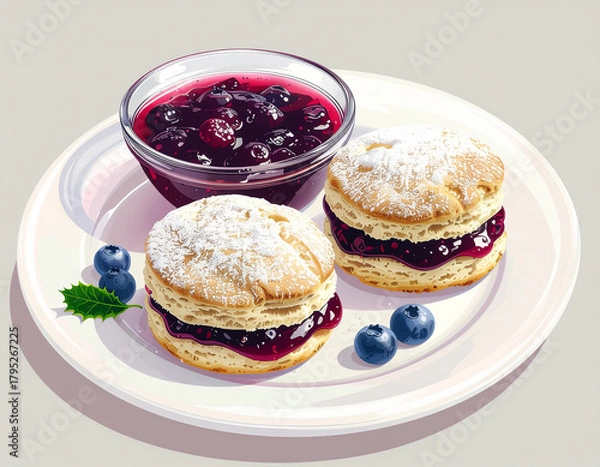 Obraz Two golden-brown scones sliced in half with a generous layer of blueberry jam. Ai