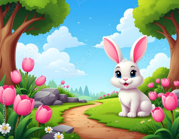 Fototapeta White bunny sitting beside a forest path with pink tulips. Ai