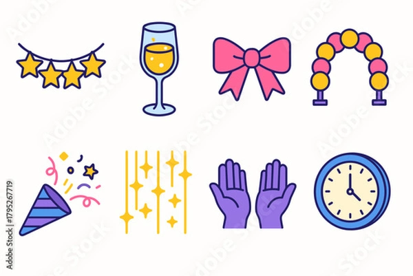 Fototapeta Festive Celebration Icons. New Year Festive Setup modern flat icon set: star garland, champagne glass, bow ribbon, balloon arch, confetti popper, glitter curtain, helping hands,