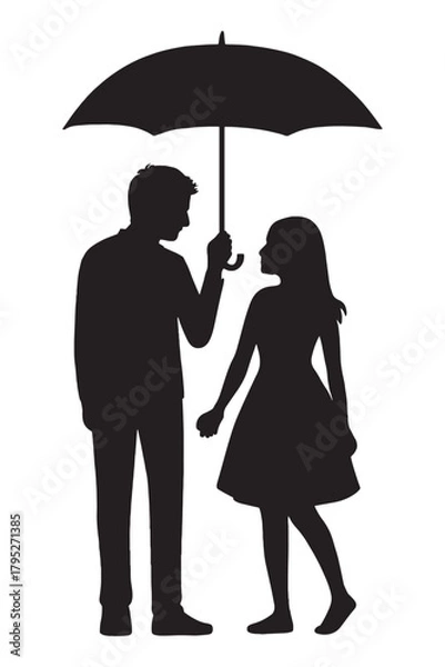 Fototapeta Caring man shields woman with umbrella symbolizing protection, partnership, and shared moments during uncertain times.
