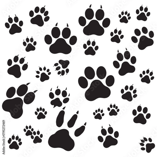 Fototapeta Playful paw prints scattered across a clean white background, evoking a sense of adventure and animal companionship for diverse projects.