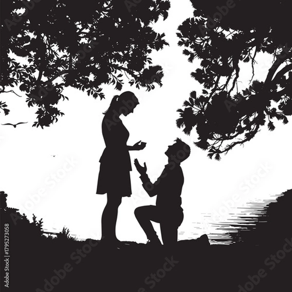 Fototapeta Romantic proposal under shady trees captures a man's heartfelt question and a woman's joyful anticipation of lifelong commitment