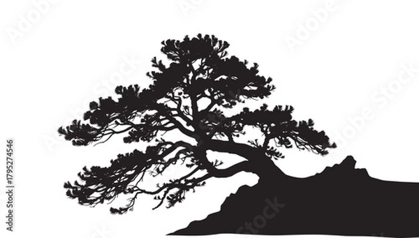 Fototapeta Striking silhouette of an ancient, windswept pine tree dramatically perched on a rocky outcrop against a stark white background, evoking resilience and natural beauty.