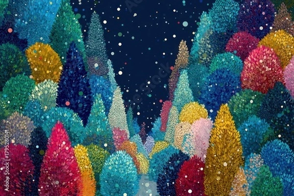 Fototapeta Whimsical forest of colorful textured trees under a dark starry night sky with falling snow