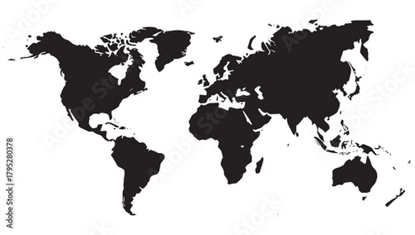 Fototapeta Bold black world map silhouette on white background offering a clean canvas for global business and travel concepts