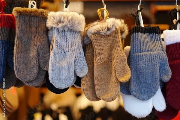 Fototapeta Colorful Knitted Mittens with Fur Cuffs Hanging for Sale