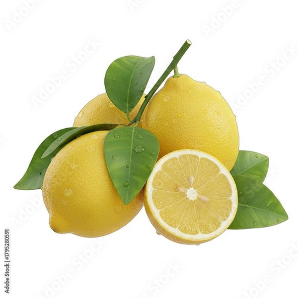 Fototapeta Group of Fresh Yellow Lemons with Green Leaves and Water Droplets Isolated on Transparent Background Detailed Macro Shot