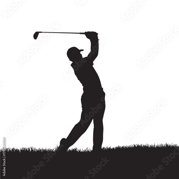 Fototapeta Dynamic silhouette of a golfer mid-swing, capturing the power and focus of the game against a clean white background, perfect for sports and leisure themes.