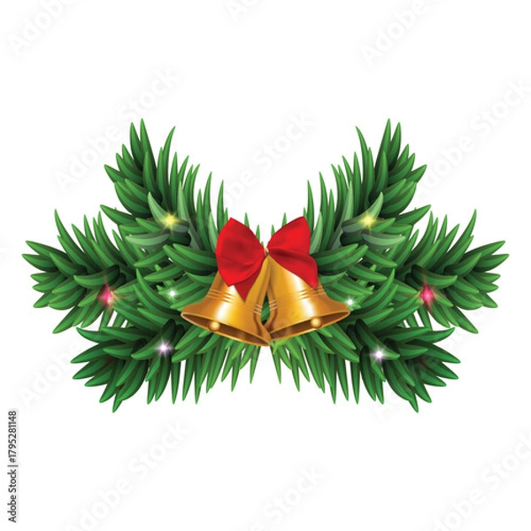 Obraz Christmas tree branch with lonceng dan pita merah isolated on white for Christmas lights decoration. vector illustration