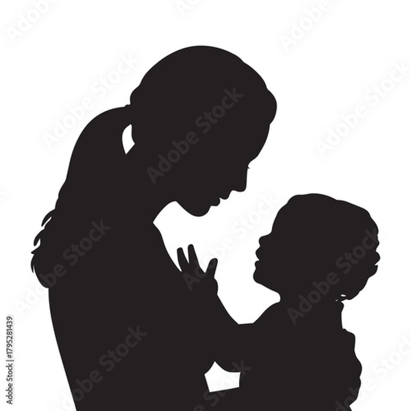 Fototapeta Tender silhouette of a mother holding her child close, sharing a loving gaze, capturing the essence of unconditional family connection and warmth.
