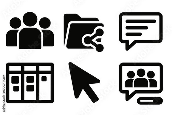 Obraz Bold Vector Icons. Team Collaboration silhouette icons set: group avatars, file folder, shared document, comment icon, task board, cursor pointer, meeting bubble, progress bar.