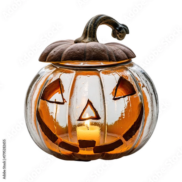 Fototapeta Illuminated Glass Jack O Lantern With Burning Candle Inside on Transparent Background