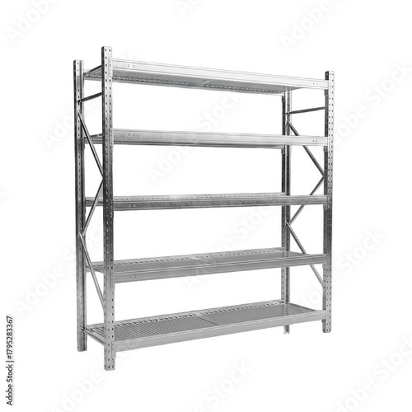 Fototapeta Industrial Metal Shelving Unit with Five Tiers for Storage and Organization in a Clean White Background
