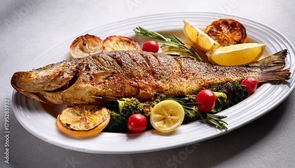 Fototapeta closeup of whole baked fish with lemon and vegetables on a white serving platter