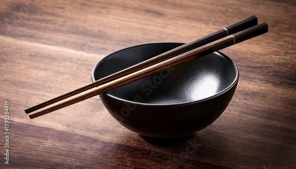 Fototapeta dark texture empty black bowl with chopsticks on wood table background