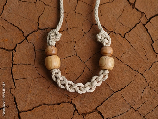 Obraz Macrame Necklace with Wooden Beads on Cracked Earth Background