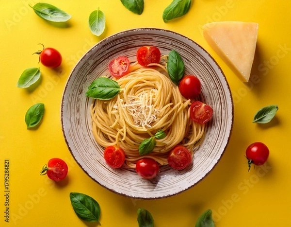 Fototapeta delicious spaghetti with fresh tomatoes basil leaves and cheese on yellow backdrop