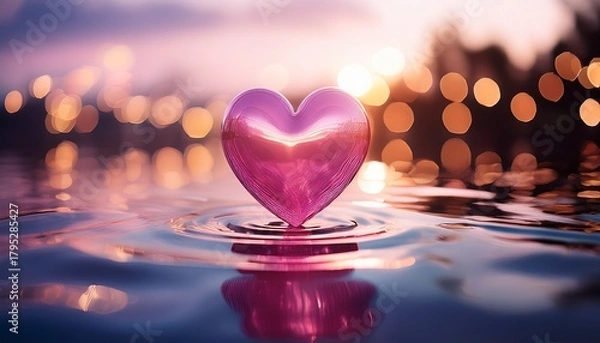 Fototapeta glossy pink heart floating on rippling water surface with bokeh lights background