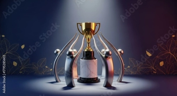 Fototapeta Celebrate ultimate victory with a gleaming golden trophy held aloft by stylized figures, symbolizing achievement and recognition in a prestigious award ceremony setting.