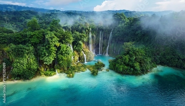 Fototapeta lush emerald jungle cliffs with waterfalls plunging into turquoise lagoon mist rising cinematic wide aerial view