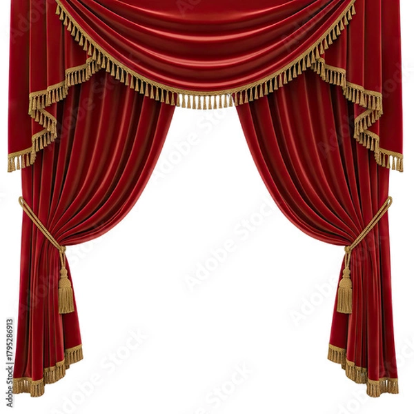 Fototapeta Luxury Deep Red Velvet Stage Curtains With Gold Fringe And Tassels Illuminated By Soft Light