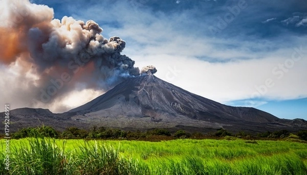Fototapeta volcano erupting with smoke billowing above green grass on foreground and cloudy sky