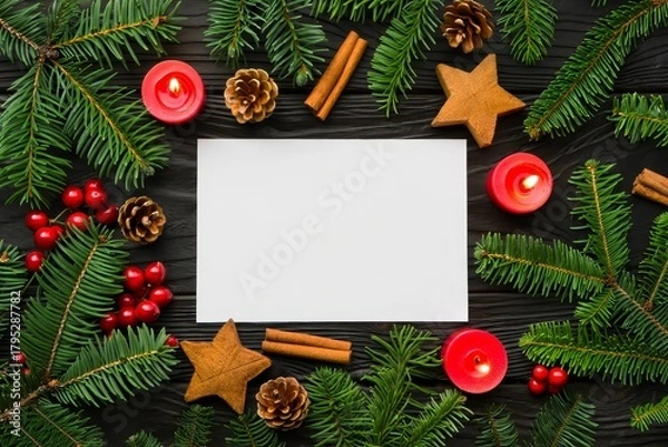 Obraz Festive Holiday Flatlay with Pine Branches, Star Anise, and Blank Paper