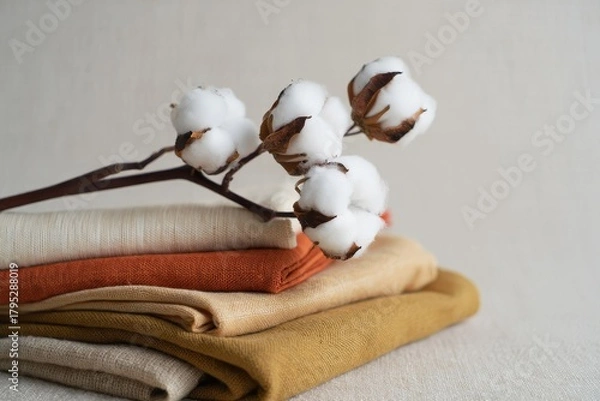 Obraz Stack of Linen Fabrics with Cotton Sprigs - Textured Background