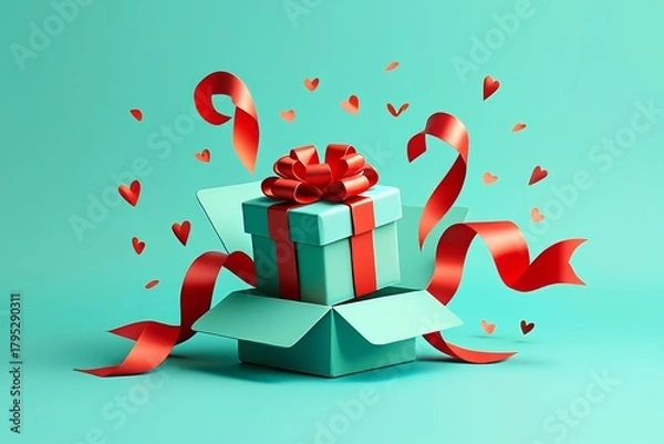 Obraz Open Gift Box with Ribbon and Hearts - Celebration and Surprise Concept