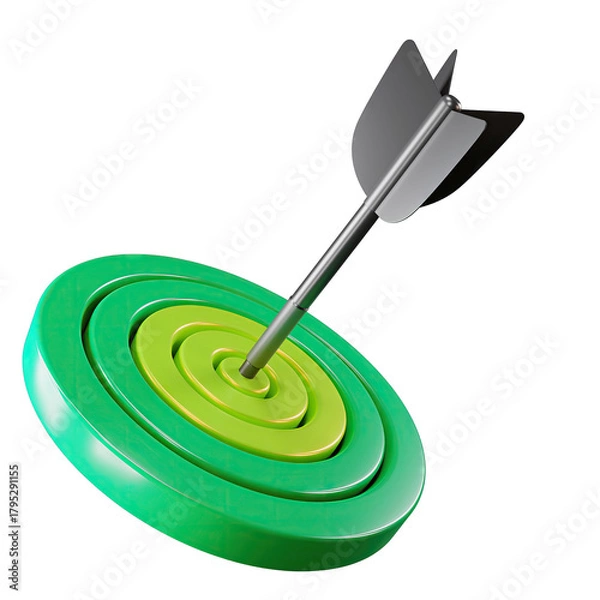 Fototapeta Green concentric target with arrow in bullseye isolated on white background with studio lighting