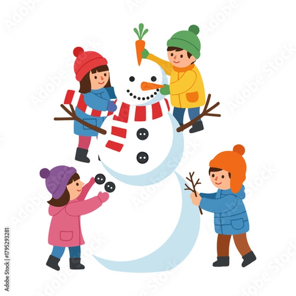 Obraz Four diverse children joyfully build a snowman together in a winter wonderland, adding the carrot nose and twig arms.