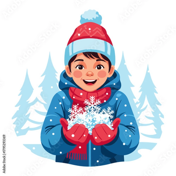 Obraz A happy child in winter clothes holding a pile of fresh snowflakes in their gloved hands, with snowy pine trees in the background.
