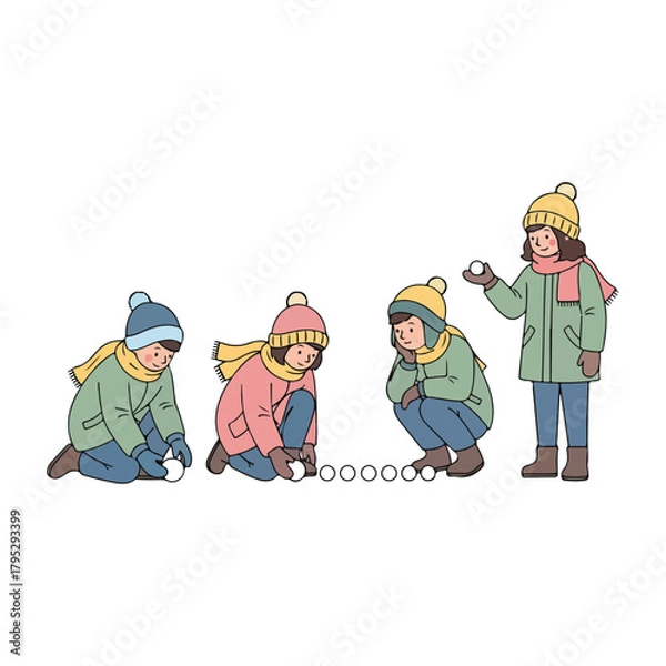 Obraz Four children in winter clothes playing with snowballs, making a line of snowballs on the ground.