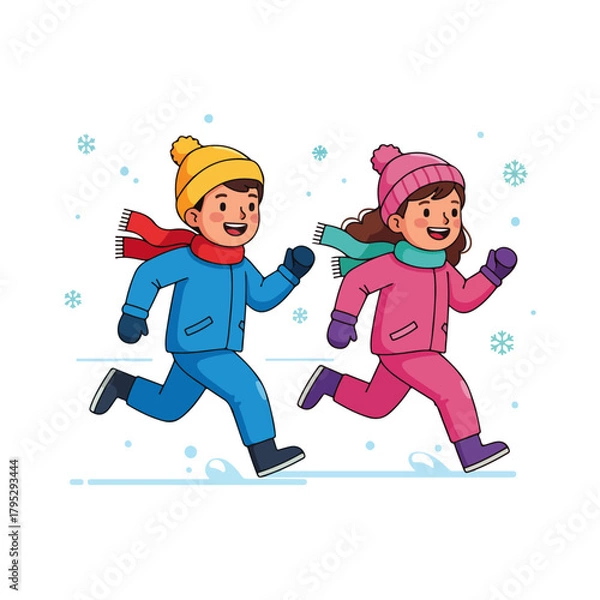 Obraz Two children running in the snow, wearing winter clothes and hats.