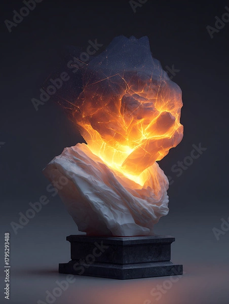 Fototapeta An Artistic Representation of a Stone Sculpture Featuring Fiery Elements and Abstract Forms