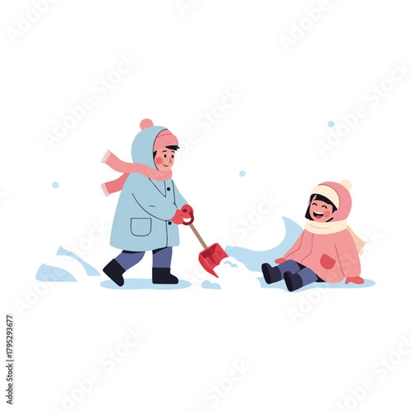 Obraz Two children playing in the snow, one shoveling and the other sitting down, enjoying a winter day.