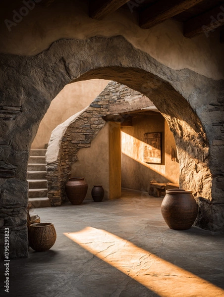 Fototapeta Ancient Interior with Stone Archway, Staircase, and Decorative Pottery Pieces