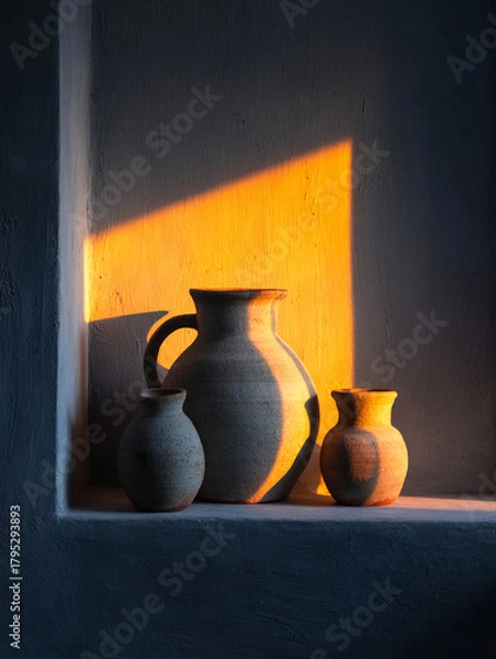 Fototapeta Artistic Still Life of Pottery Vessels Illuminated by Golden Sunlight in a Serene Setting
