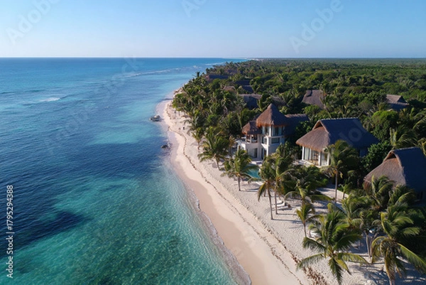 Fototapeta Aerial View of Azure Ocean, White Sandy Beach, Palm Trees, and Luxurious Villas