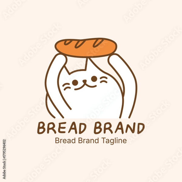 Fototapeta Adorable bakery logo featuring cute cat mascot holding fresh bread loaf. Hand-drawn illustration with warm colors for bakery branding and packaging design.