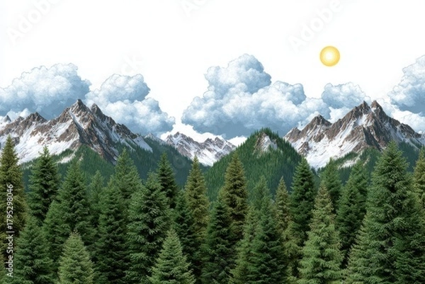 Fototapeta Majestic snow capped mountains rise above a dense evergreen forest under a cloudy sky