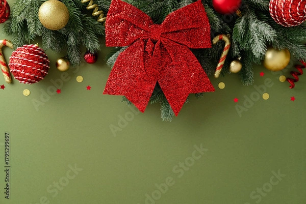Obraz Top view of festive Christmas border with lush fir tree branches, glittering red bow, golden and red baubles, and candy canes on an elegant, rustic green background. Xmas holiday backdrop.